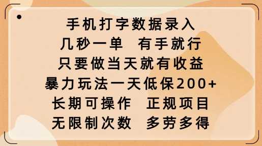 手机打字数据录入，几秒一单，有手就行，只要做当天就有收益，暴力玩法一天低保2张-宇文网创