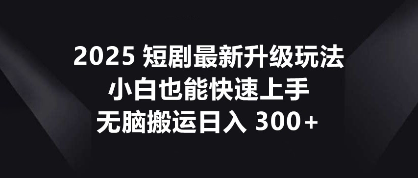 2025短剧最新升级玩法，小白也能快速上手，无脑搬运日入300+-宇文网创