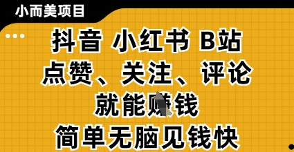 小而美的项目，抖音小红书B站视频点赞、关注、评论就能挣钱，简单无脑立见收益，妥妥的零撸项目【揭秘】-宇文网创