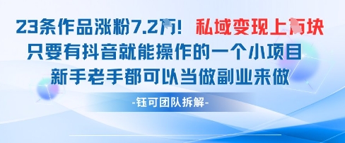 抖音私域项目23条作品涨粉7.2W，私域变现1W-宇文网创