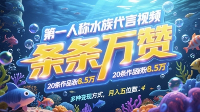 第一人称水族代言视频，条条万赞，20条作品涨粉7.8W，多种变现方式月入五位数-宇文网创