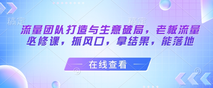流量团队打造与生意破局，老板流量必修课，抓风口，拿结果，能落地-宇文网创