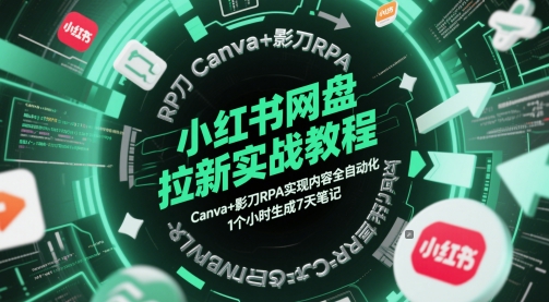 小红书网盘拉新实战教程，Canva+影刀RPA实现内容全自动化，1个小时生成7天笔记-宇文网创