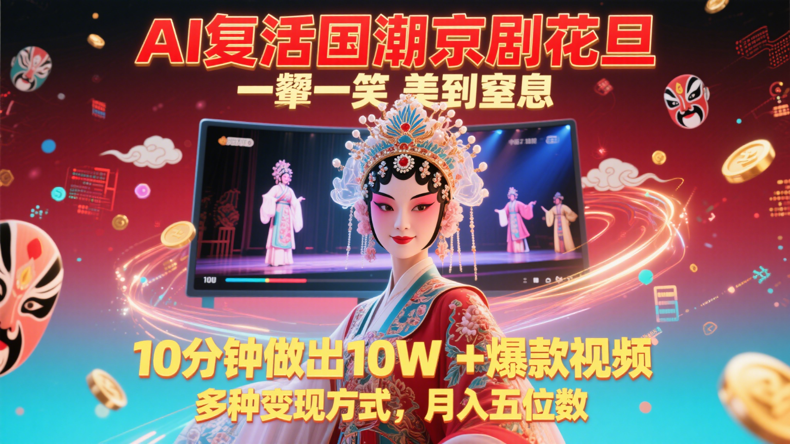 AI复活国潮京剧花旦，一颦一笑美到窒息，10分钟做出10W+爆款视频，多种变现方式，…-宇文网创