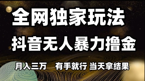 全网独家玩法抖音无人暴力撸金，月入3W，有手就行，当天拿结果【揭秘】-宇文网创
