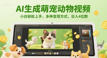 AI生成萌宠动物视频，小白轻松上手，多种变现方式，日入4位数-宇文网创
