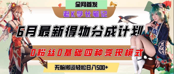 6月份最新得物创作者分成计划2.0玩法，0粉丝0基础四种模式变现，从隐蔽渠道无脑搬运，日入2张-宇文网创