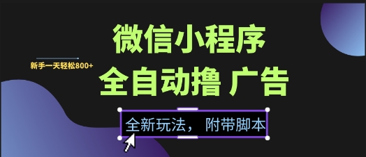 微信小程序全自动撸广告项目，彻底解决没流量的问题，新手一天8张+【揭秘】-宇文网创