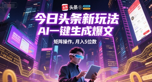 今日头条新玩法，AI一键生成爆文，矩阵操作，月入5位数-宇文网创