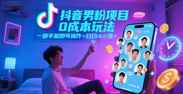 抖音男粉项目0成本玩法，一部手机即可操作，日均4张+，时间自由-宇文网创