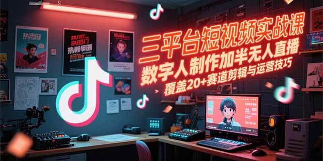 三平台短视频实战课，数字人制作加半无人直播，覆盖20+赛道剪辑与运营技巧-宇文网创