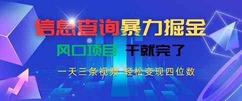 信息查询暴力掘金，一天三条视频，轻松变现四位数，风口项目干就完了【揭秘】-宇文网创