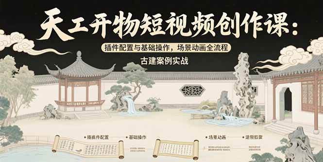 天工开物短视频创作课：插件配置与基础操作，场景动画全流程 古建案例实战-宇文网创