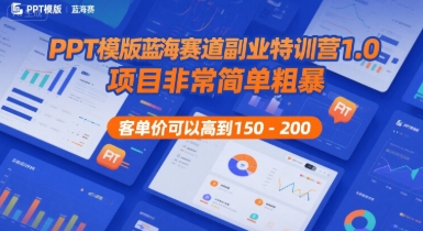 PPT模版蓝海赛道副业特训营1.0，项目非常简单粗暴，客单价可以高到150-200-宇文网创