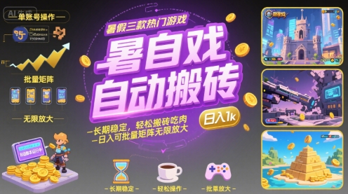 暑假三款热门游戏自动搬砖，长期稳定，轻松搬砖吃肉，日入1k ，可批量矩阵无限放大【揭秘】-宇文网创