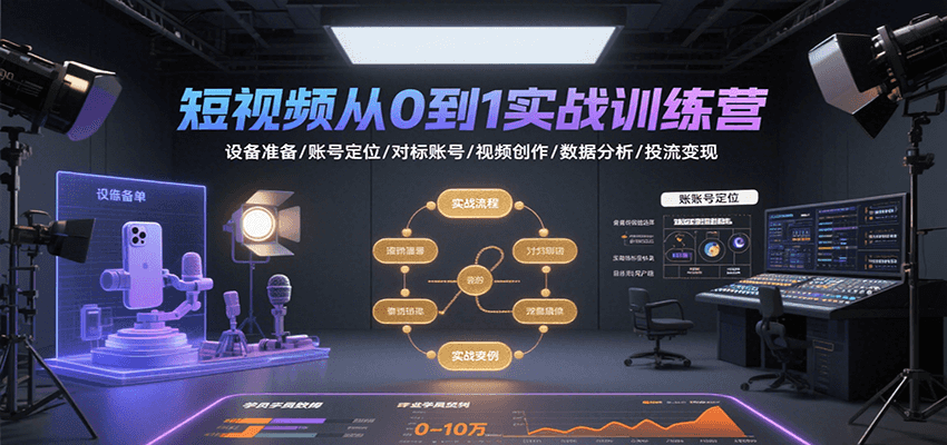 短视频从0到1实战训练营：设备准备/账号定位/对标账号/视频创作/数据分析/投流变现-宇文网创