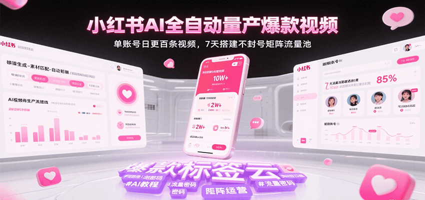 小红书AI全自动量产爆款视频，单账号日更百条视频，7天搭建不封号矩阵流量池-宇文网创