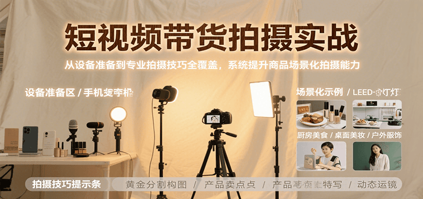 短视频带货拍摄实战，从设备准备到专业拍摄技巧全覆盖，系统提升商品场景化拍摄能力-宇文网创