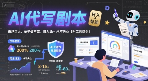 AI代写剧本，市场巨大，单子做不完，日入1k+ 永不失业【附工具指令】-宇文网创