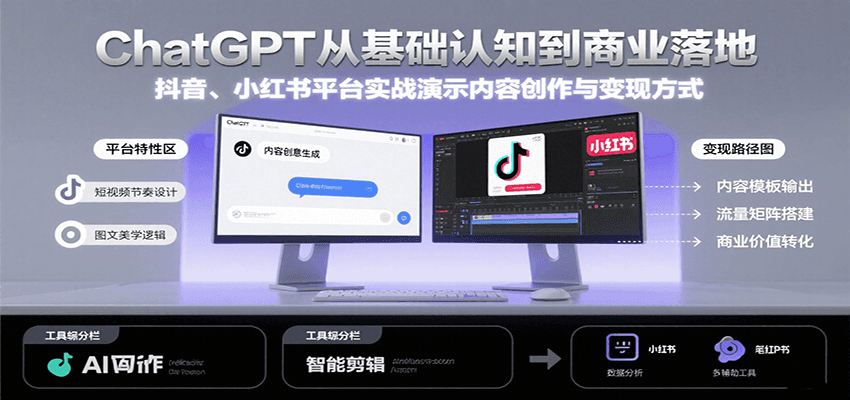 ChatGPT从基础认知到商业落地，实战演示抖音、小红书等平台的内容创作与变现-宇文网创
