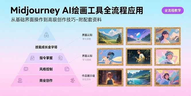 Midjourney AI绘画工具全流程应用，从基础界面操作到高级创作-附配套资料-宇文网创