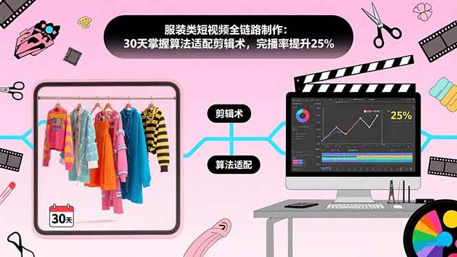 服装类短视频全链路制作：30天掌握算法适配剪辑术，完播率提升25%-宇文网创