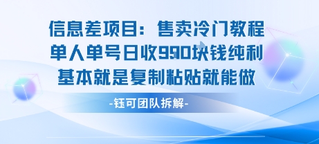 信息差项目：售卖冷门教程单人单号日收9张纯利基本就是复制粘贴就能做-宇文网创