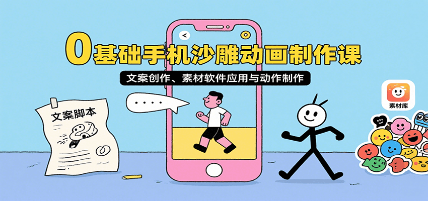 0基础手机沙雕动画制作课，文案创作、素材软件应用与动作制作-宇文网创
