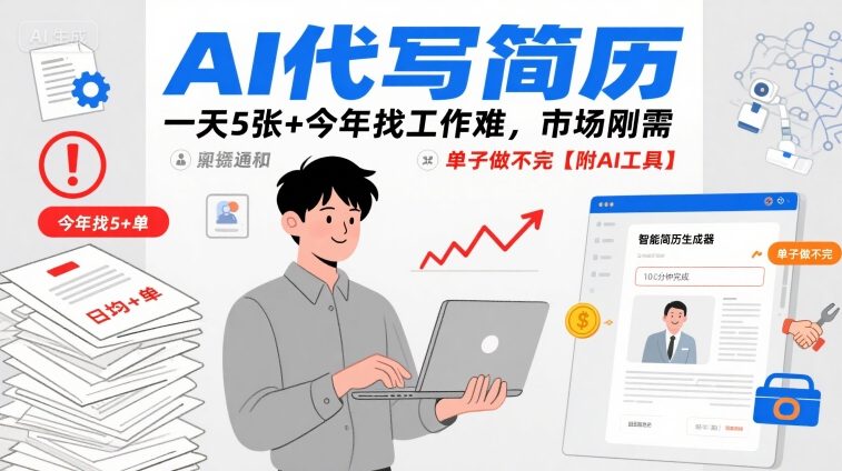 AI代写简历，一天5张+今年找工作难，市场刚需，单子做不完【附AI工具】-宇文网创