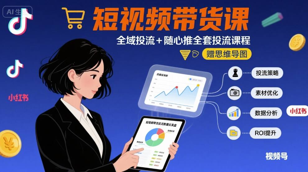 最新短视频带货课，全域投流+随心推全套投流课程+思维导图-宇文网创