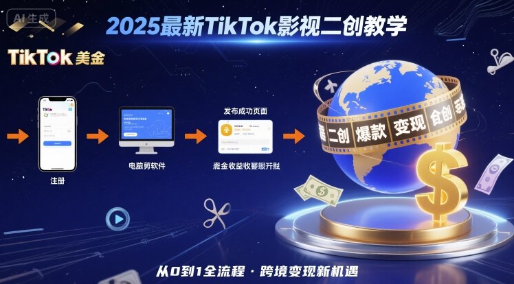 2025年最新TikTok影视二创教学，从注册到发布撸美金全流程，跨境变现新机遇-宇文网创