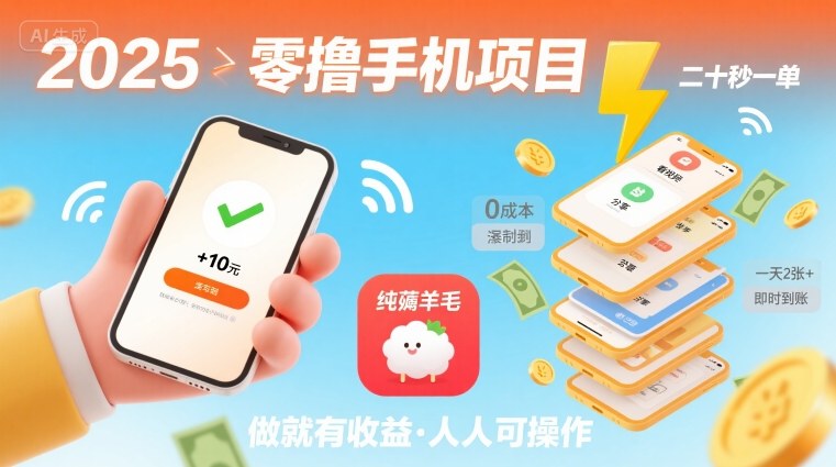 2025年零撸手机项目，二十秒一单，纯薅羊毛 一天2张+做就有【揭秘】-宇文网创