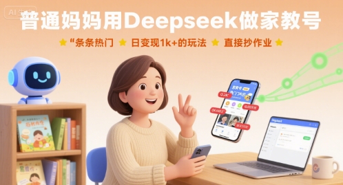 普通妈妈用Deepseek做家教号，条条热门，日变现1k+的玩法，直接抄作业-宇文网创