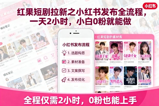 红果短剧拉新之小红书发布全流程，一天2小时，小白0粉就能做-宇文网创
