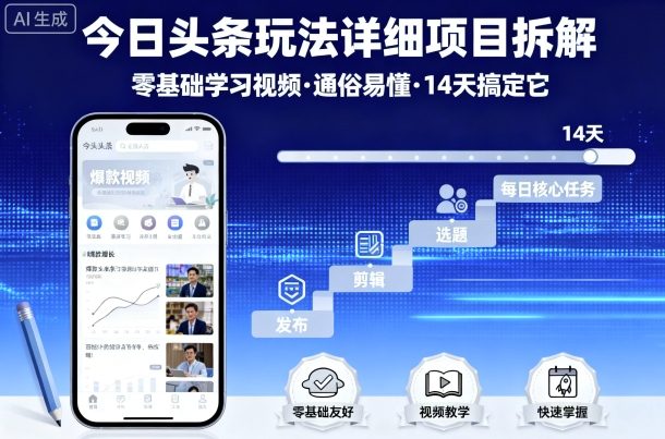 今日头条玩法详细项目拆解，零基础学习视频 通俗易懂 14天搞定它-宇文网创