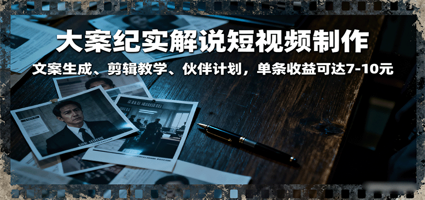 大案纪实解说短视频制作，文案生成、剪辑教学、伙伴计划，单条收益可达7-10元-宇文网创