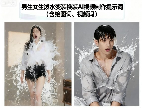男生女生泼水变装换装AI视频制作提示词(含绘图词、视频词)-宇文网创
