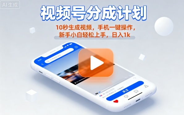 视频号分成计划懒人玩法，10秒生成视频，手机一键操作，新手小白轻松上手，日入1K【揭秘】-宇文网创