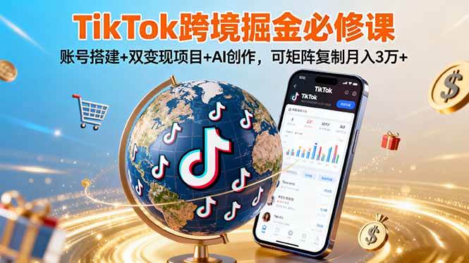 TikTo跨境掘金必修课，账号搭建+双变现项目+AI创作，可矩阵复制月入3万+-宇文网创