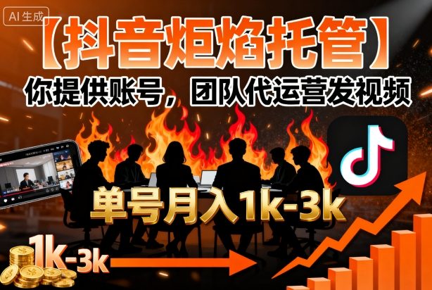 【抖音炬焰托管】你提供账号，团队代运营发视频，单号月入1k+【揭秘】-宇文网创