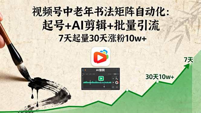 视频号中老年书法矩阵自动化：起号+AI剪辑+批量引流 7天起量30天涨粉10w+-宇文网创
