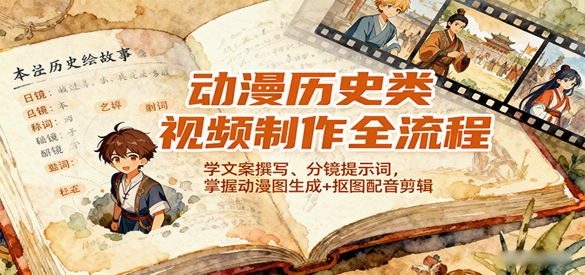 动漫历史类视频制作全流程，学文案撰写、分镜提示词，掌握动漫图生成+抠图配音剪辑-宇文网创