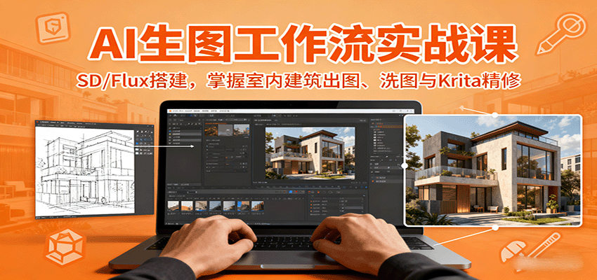 AI生图工作流实战课：SD/Flux搭建，掌握室内建筑出图、洗图与Krita精修-宇文网创