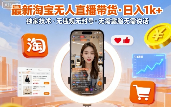 最新淘宝无人直播带货，日入1k+，独家技术，无违规无封号，无需露脸无需说话【揭秘】-宇文网创