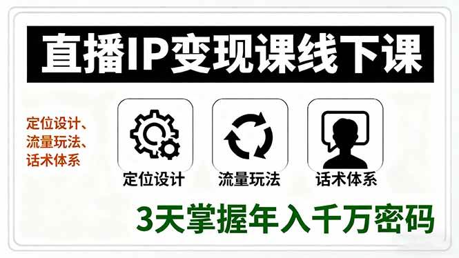 直播IP变现课线下课，定位设计、流量玩法、话术体系，3天掌握年入千万密码-宇文网创