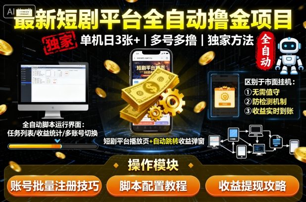 最新短剧平台全自动挂G撸金项目，单机一天3张+，多号多撸，区别于市面所有挂机项目，独家方法【揭秘】-宇文网创