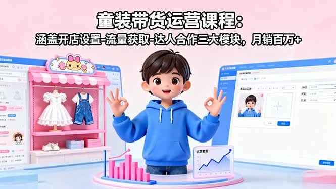 童装带货运营课程：涵盖开店设置-流量获取-达人合作三大模块，月销百万+-宇文网创
