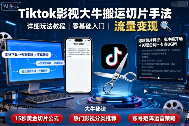 Tiktok影视大牛搬运切片手法，详细玩法教程-宇文网创