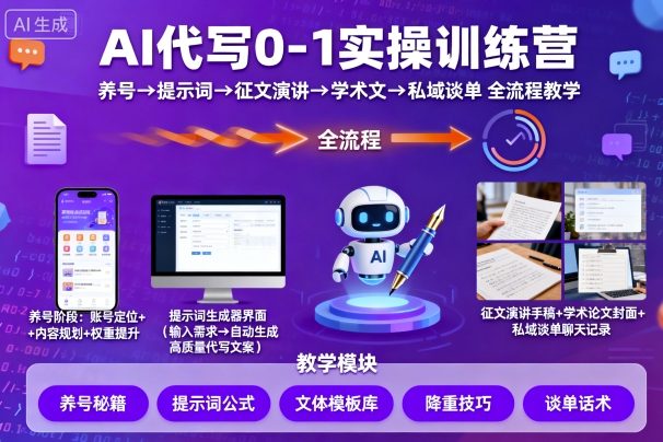 AI代写0-1实操训练营，从养号、提示词、征文演讲、学术文，到私域谈单的全流程教学-宇文网创