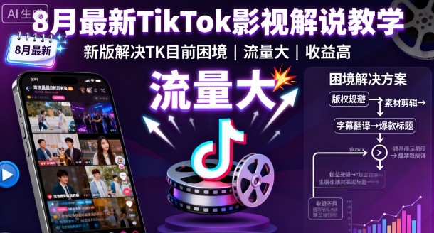8月最新TikTok影视解说教学，新版解决TK目前困境，流量大，收益高-宇文网创
